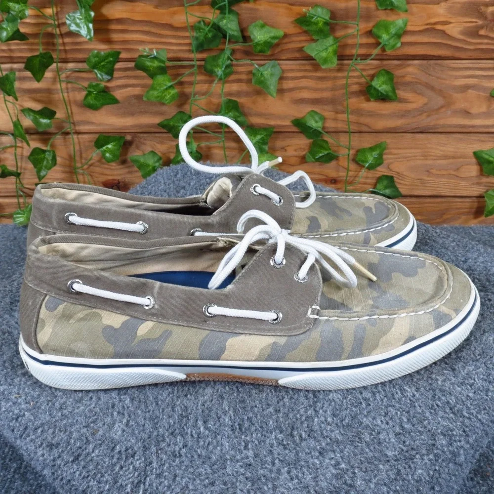 Sperry Halyard 2-Eye Men Boat Shoe Size 12 Nautical Camo Canvas Sneakers Green